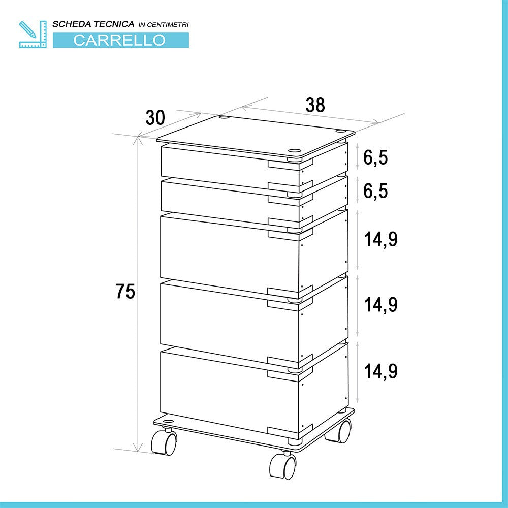 Carrello bagno trasportabile in acciaio cromato con 5 cassetti girevoli