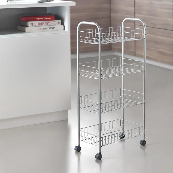 Carrello con ruote e 4 ripiani in acciaio con Polytherm argento Ascona
