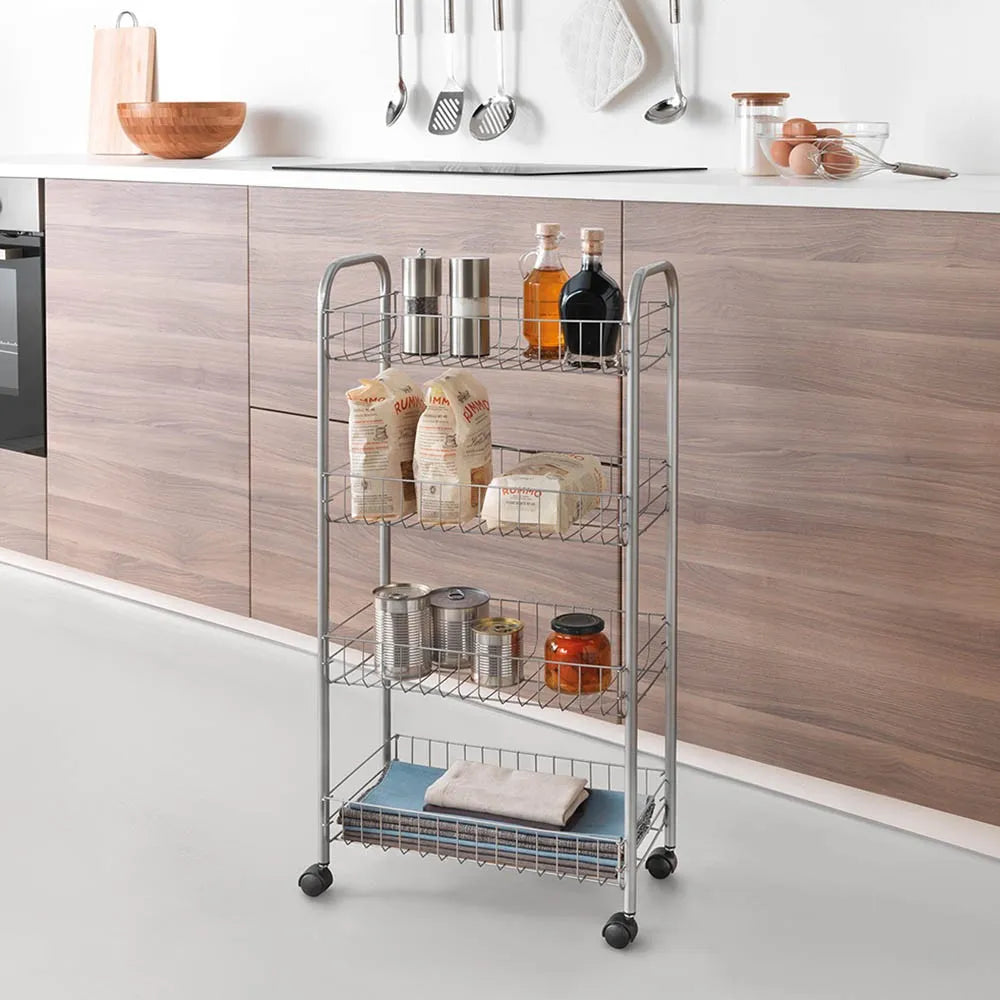 Carrello con ruote e 4 ripiani in acciaio con Polytherm argento Ascona