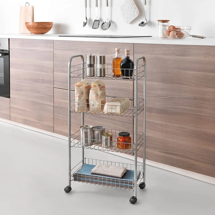 Carrello con ruote e 4 ripiani in acciaio con Polytherm argento Ascona