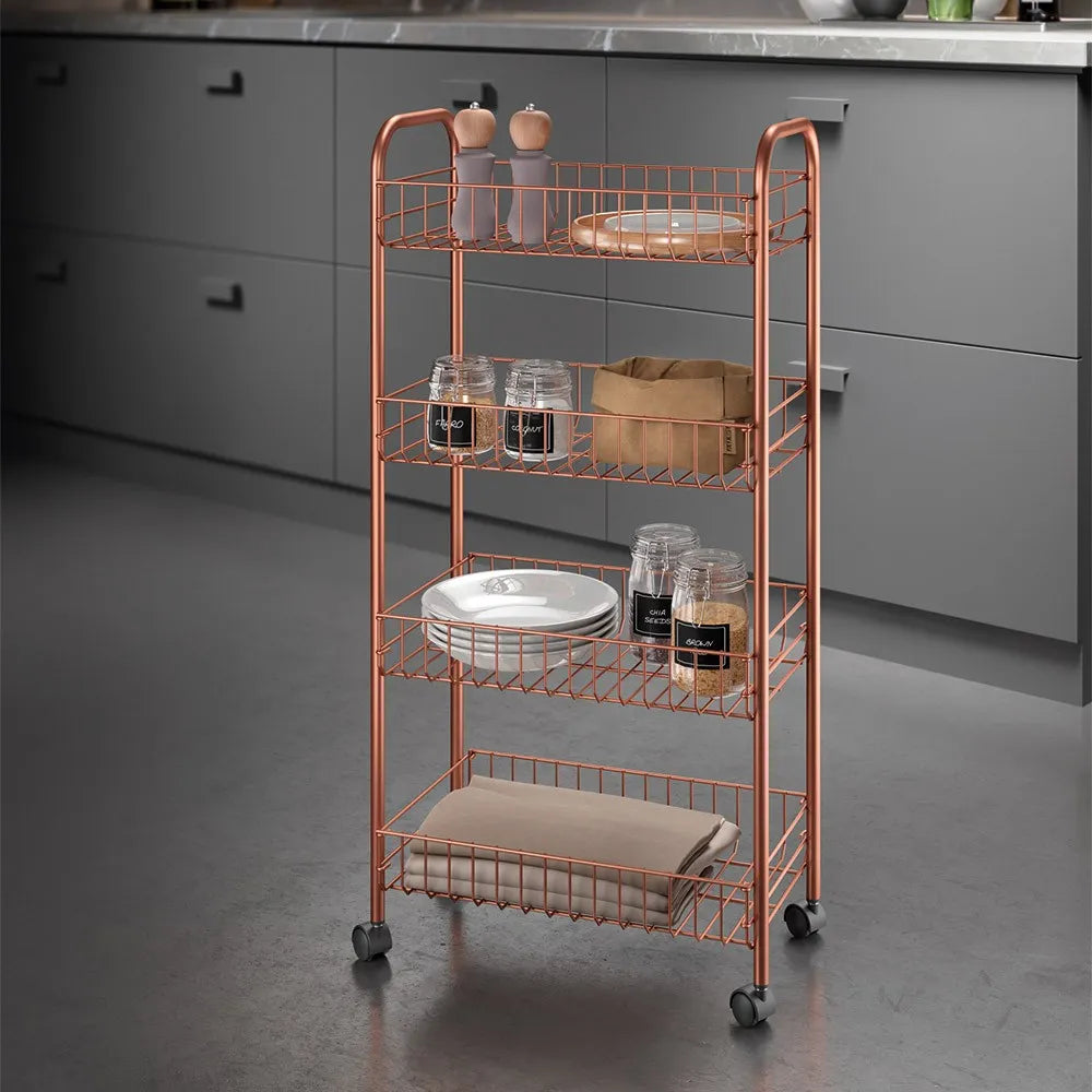 Carrello con ruote e 4 ripiani in acciaio con Polytherm rame Ascona