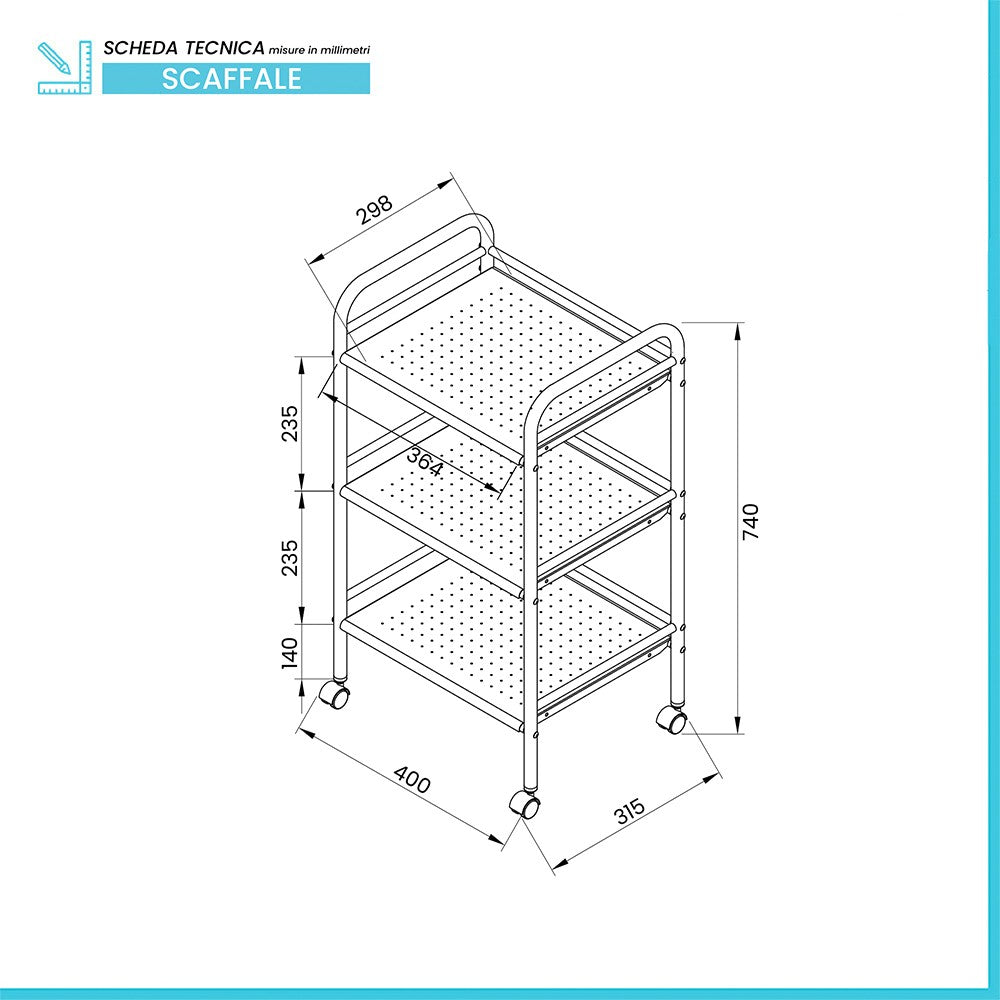 Carrello con ruote e tre ripiani in acciaio cromato in kit di montaggio