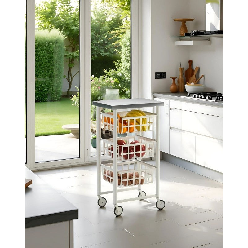 Carrello Contenitore Salvaspazio – 3 Cestelli in Metallo, Piano in Acciaio Inox