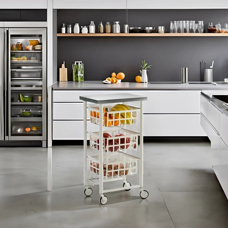 Carrello Contenitore Salvaspazio – 3 Cestelli in Metallo, Piano in Acciaio Inox