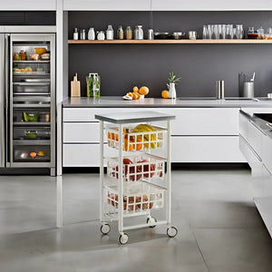 Carrello Contenitore Salvaspazio – 3 Cestelli in Metallo, Piano in Acciaio Inox