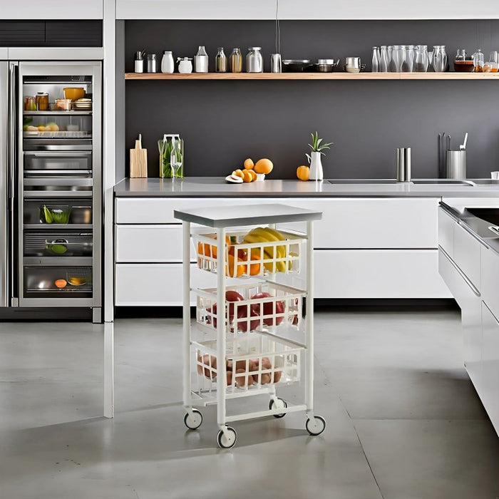 Carrello Contenitore Salvaspazio – 3 Cestelli in Metallo, Piano in Acciaio Inox