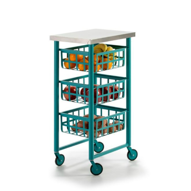 Carrello Contenitore Salvaspazio – 3 Cestelli in Metallo, Piano in Acciaio Inox