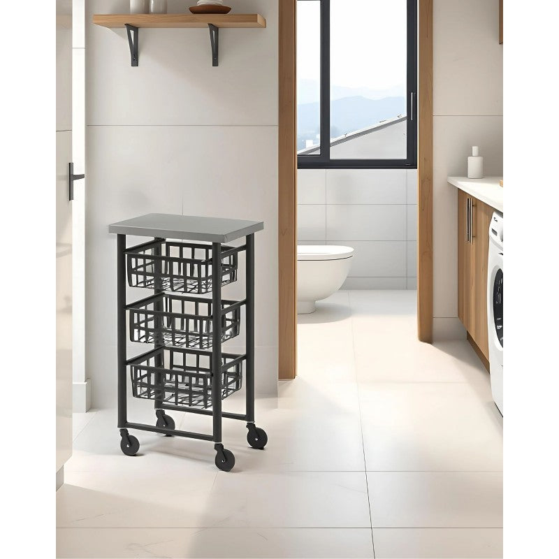 Carrello Contenitore Salvaspazio – 3 Cestelli in Metallo, Piano in Acciaio Inox