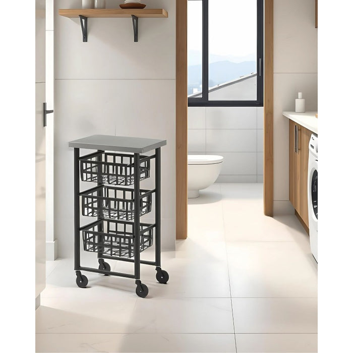 Carrello Contenitore Salvaspazio – 3 Cestelli in Metallo, Piano in Acciaio Inox