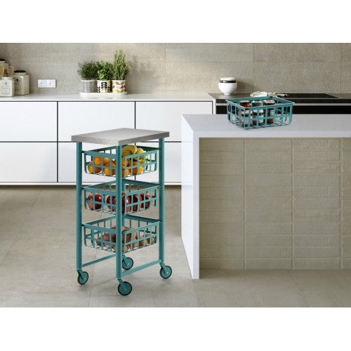 Carrello Contenitore Salvaspazio – 3 Cestelli in Metallo, Piano in Acciaio Inox
