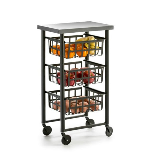 Carrello Contenitore Salvaspazio – 3 Cestelli in Metallo, Piano in Acciaio Inox