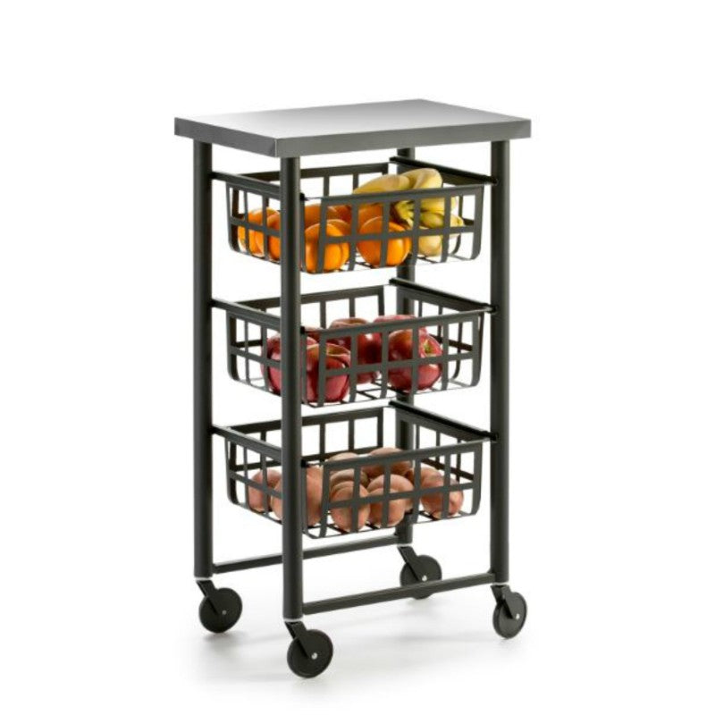 Carrello Contenitore Salvaspazio – 3 Cestelli in Metallo, Piano in Acciaio Inox