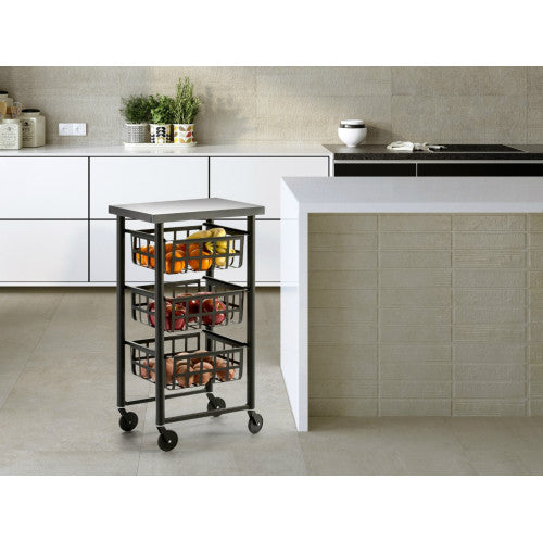 Carrello Contenitore Salvaspazio – 3 Cestelli in Metallo, Piano in Acciaio Inox
