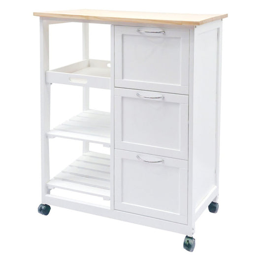 Carrello Cucina Milton 3 Cassetti Vassoio E 2 Mensole Bianco E Naturale