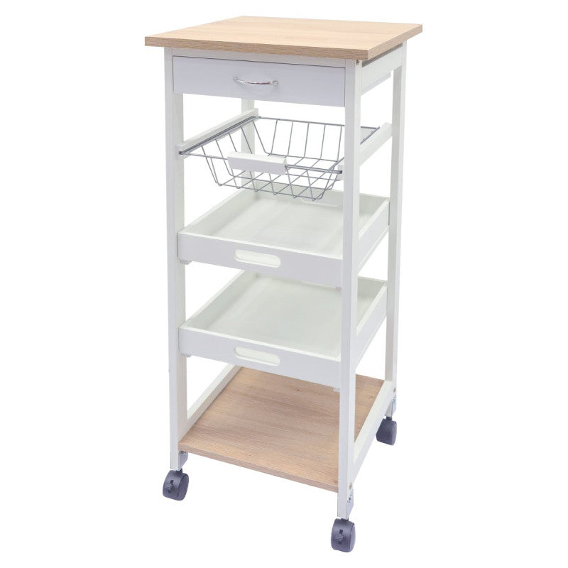 Carrello Cucina Olsen 1 Cassetto 1 Cesto 2 Vassoi Bianco E Naturale