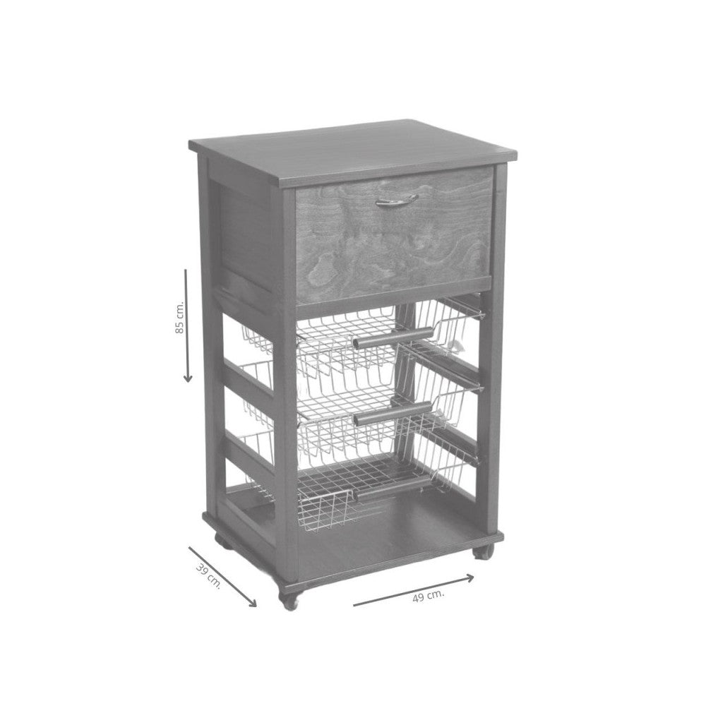 Carrello da cucina 3 cestini estraibili ed un cassetto portapane Vesuvio colore  ciliegio