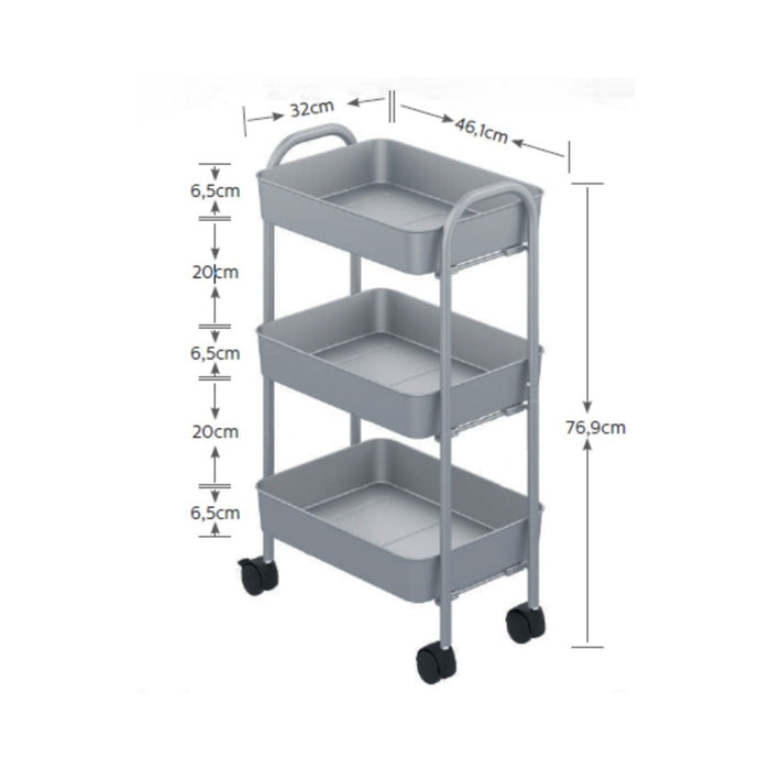 Carrello da cucina 3 ripiani in metallo con ruote Tier 45.5x32x76.4H colore nero