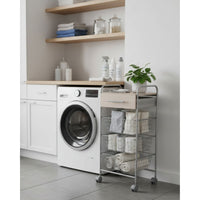 Carrello da cucina ALESIA - 3 cestelli, cassetto e piano colore faggio, grigio alluminio