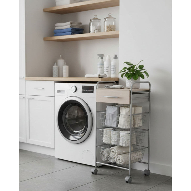 Carrello da cucina ALESIA - 3 cestelli, cassetto e piano colore faggio, grigio alluminio