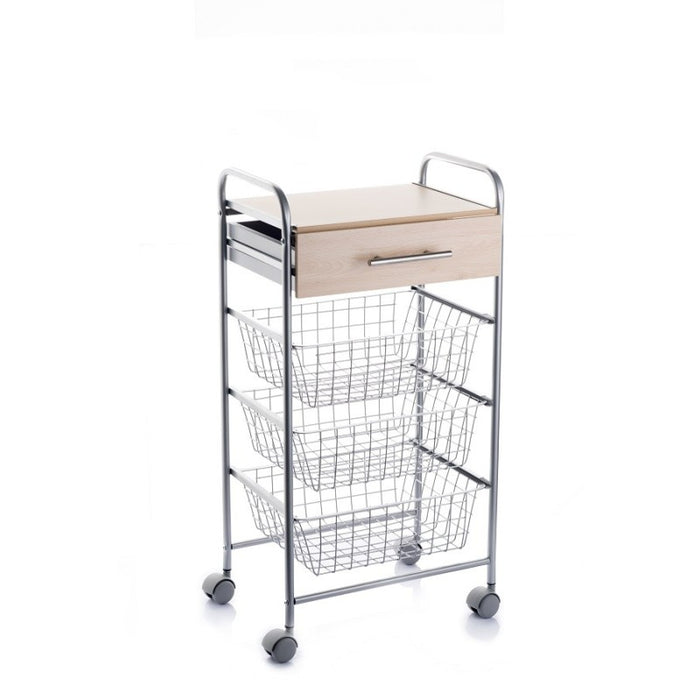 Carrello da cucina ALESIA - 3 cestelli, cassetto e piano colore faggio, grigio alluminio