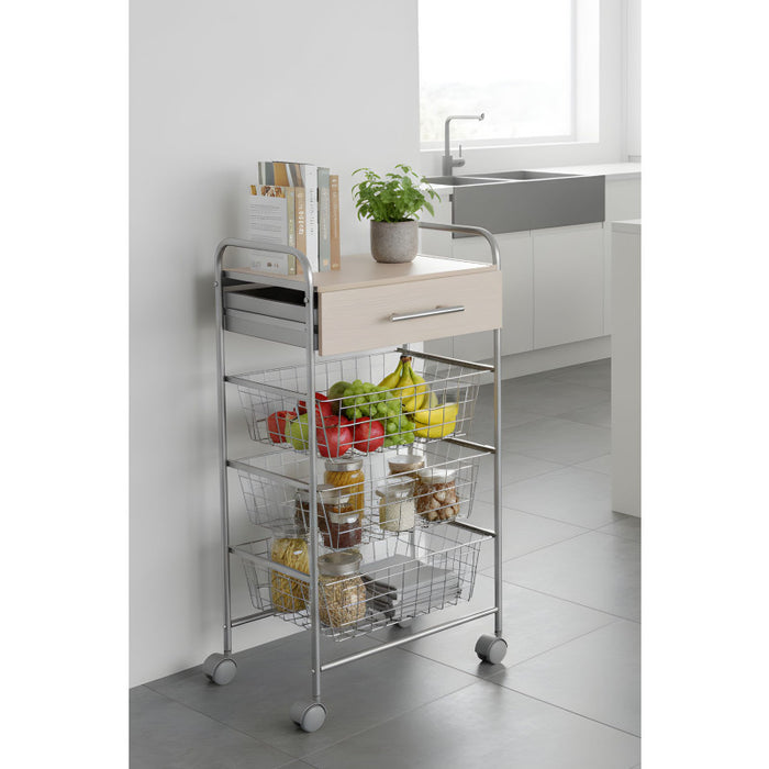 Carrello da cucina ALESIA - 3 cestelli, cassetto e piano colore faggio, grigio alluminio