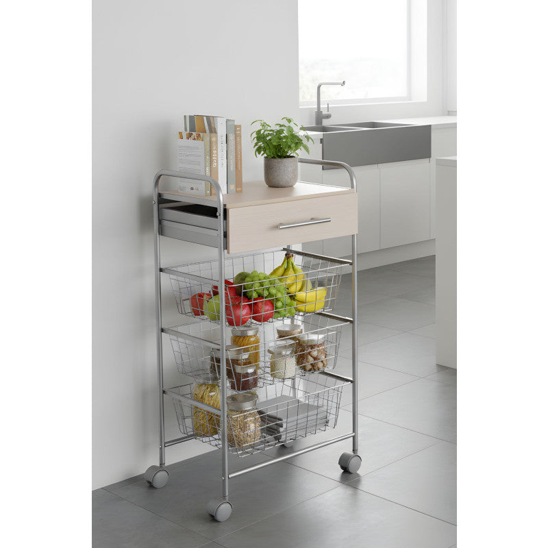 Carrello da cucina ALESIA - 3 cestelli, cassetto e piano colore faggio, grigio alluminio