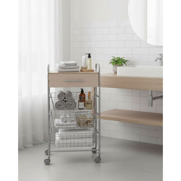 Carrello da cucina ALESIA - 3 cestelli, cassetto e piano colore faggio, grigio alluminio