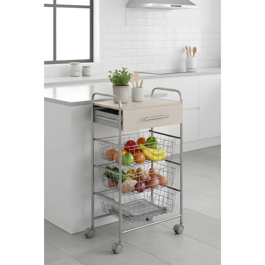 Carrello da cucina ALESIA - 3 cestelli, cassetto e piano colore faggio, grigio alluminio