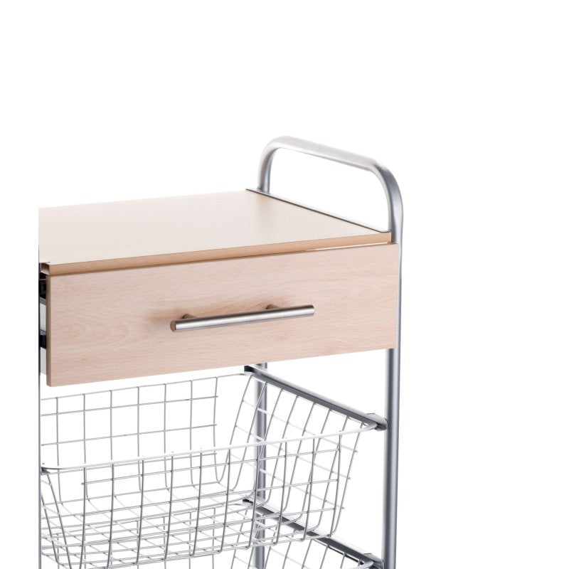 Carrello da cucina ALESIA - 3 cestelli, cassetto e piano colore faggio, grigio alluminio