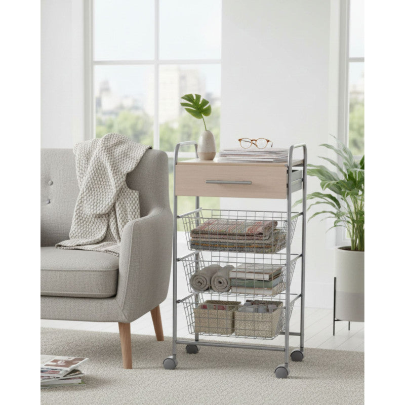 Carrello da cucina ALESIA - 3 cestelli, cassetto e piano colore faggio, grigio alluminio