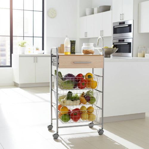 Carrello da cucina ALESIA - 3 cestelli, cassetto e piano colore faggio, grigio alluminio