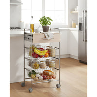 Carrello da cucina ALESIA - 3 cestelli, cassetto e piano colore faggio, grigio alluminio