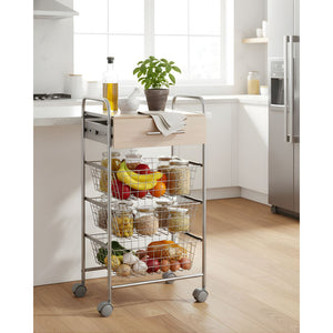 Carrello da cucina ALESIA - 3 cestelli, cassetto e piano colore faggio, grigio alluminio