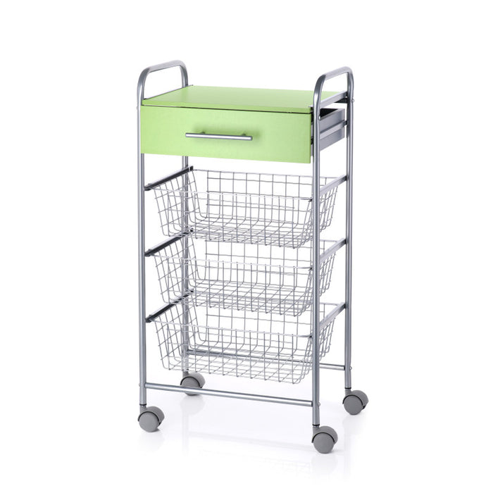 Carrello da cucina ALESIA - 3 cestelli, cassetto e piano colore pistacchio