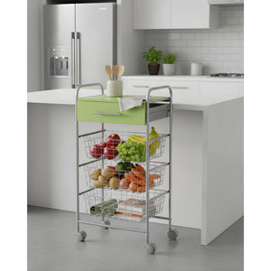 Carrello da cucina ALESIA - 3 cestelli, cassetto e piano colore pistacchio