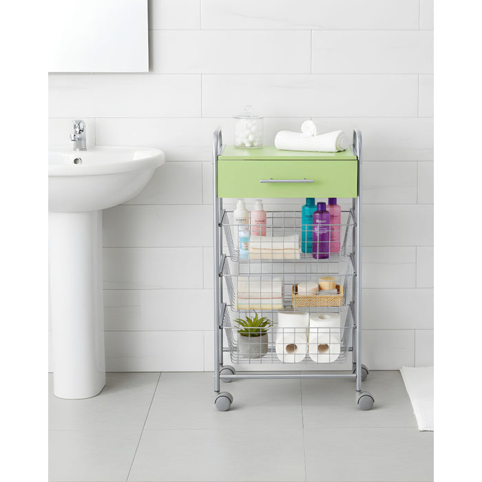 Carrello da cucina ALESIA - 3 cestelli, cassetto e piano colore pistacchio