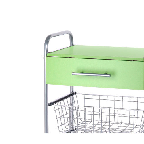 Carrello da cucina ALESIA - 3 cestelli, cassetto e piano colore pistacchio