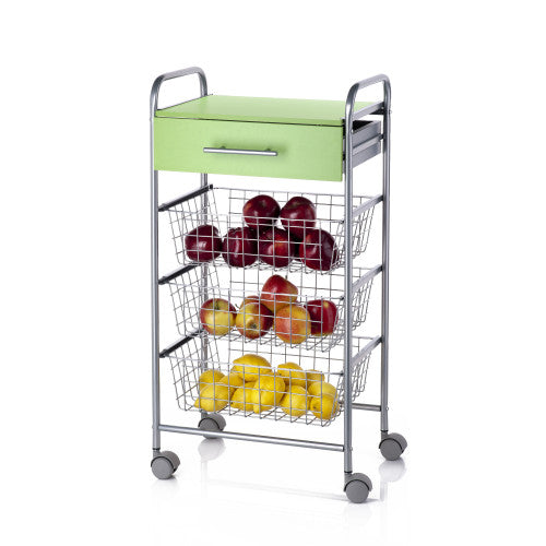 Carrello da cucina ALESIA - 3 cestelli, cassetto e piano colore pistacchio