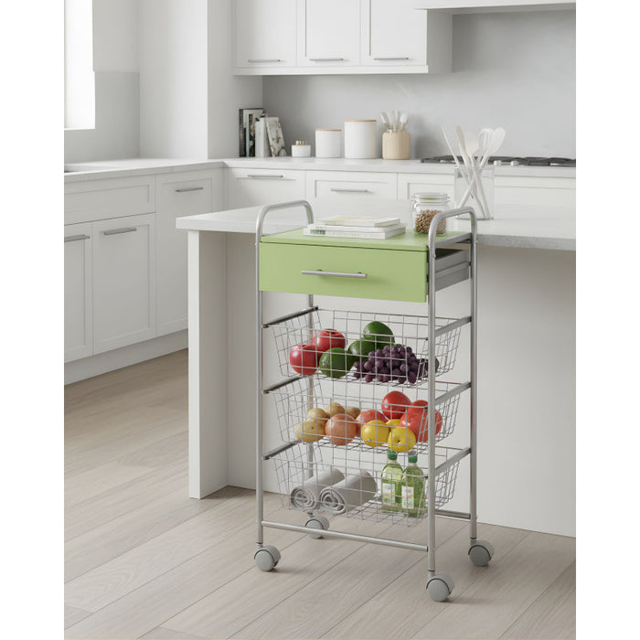 Carrello da cucina ALESIA - 3 cestelli, cassetto e piano colore pistacchio