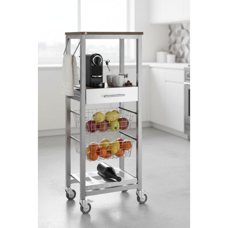 Carrello da cucina alto ONDA ALUMINIUM – Design moderno, 2 cestelli, cassetto e portabottiglie