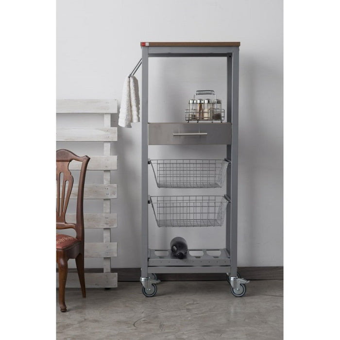 Carrello da cucina alto ONDA ALUMINIUM – Design moderno, 2 cestelli, cassetto e portabottiglie