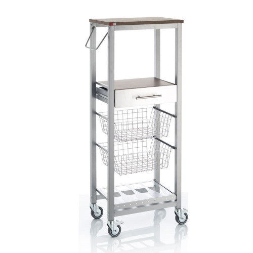 Carrello da cucina alto ONDA ALUMINIUM – Design moderno, 2 cestelli, cassetto e portabottiglie