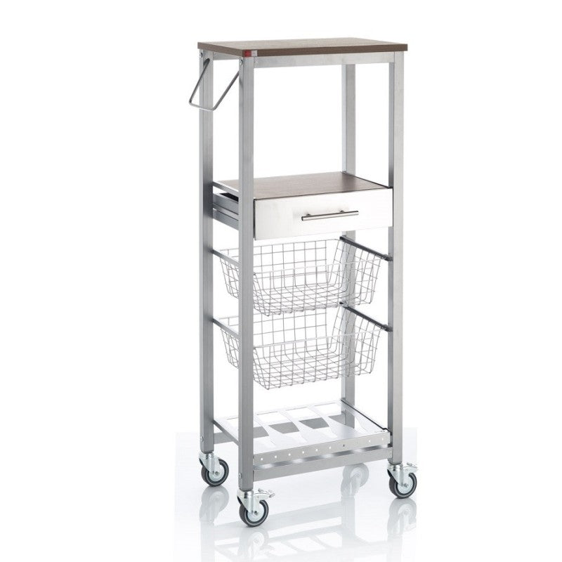 Carrello da cucina alto ONDA ALUMINIUM – Design moderno, 2 cestelli, cassetto e portabottiglie