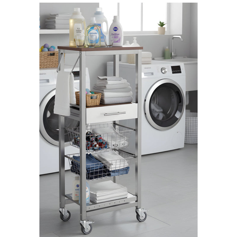 Carrello da cucina alto ONDA ALUMINIUM – Design moderno, 2 cestelli, cassetto e portabottiglie