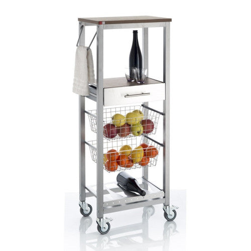 Carrello da cucina alto ONDA ALUMINIUM – Design moderno, 2 cestelli, cassetto e portabottiglie