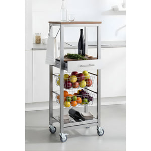 Carrello da cucina alto ONDA ALUMINIUM – Design moderno, 2 cestelli, cassetto e portabottiglie