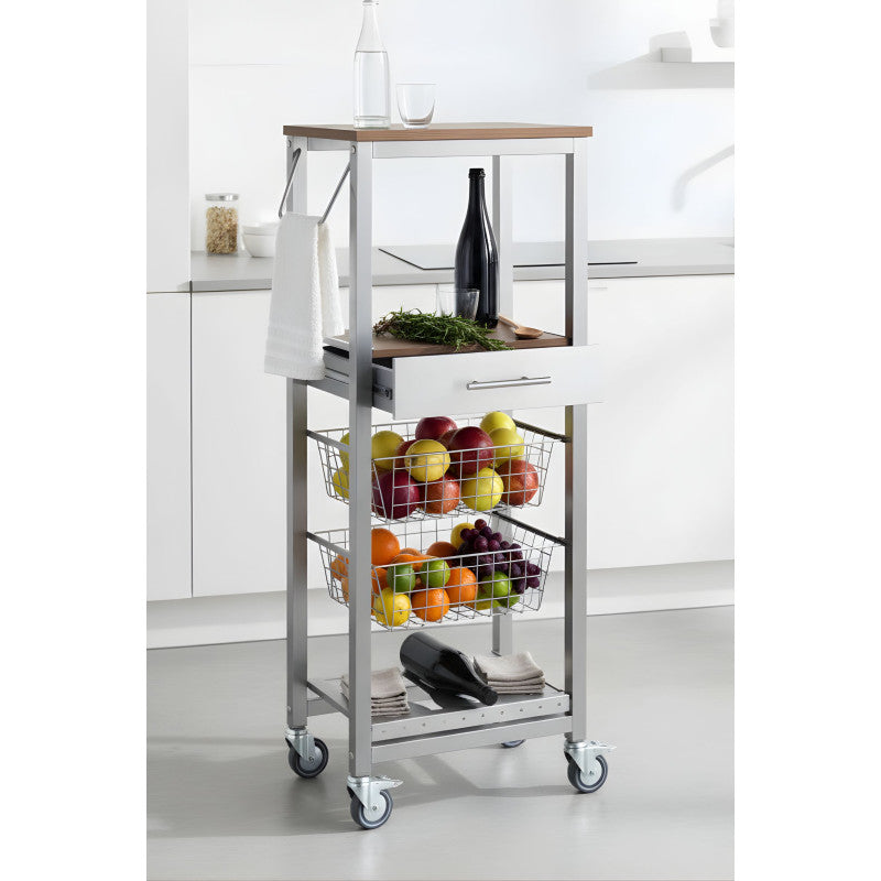 Carrello da cucina alto ONDA ALUMINIUM – Design moderno, 2 cestelli, cassetto e portabottiglie