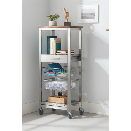 Carrello da cucina alto ONDA ALUMINIUM – Design moderno, 2 cestelli, cassetto e portabottiglie