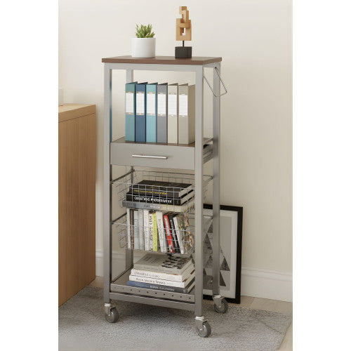 Carrello da cucina alto ONDA ALUMINIUM – Design moderno, 2 cestelli, cassetto e portabottiglie