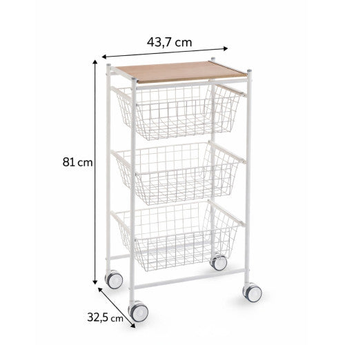 Carrello da cucina AXO, 3 grandi cesti estraibili, bianco-faggio
